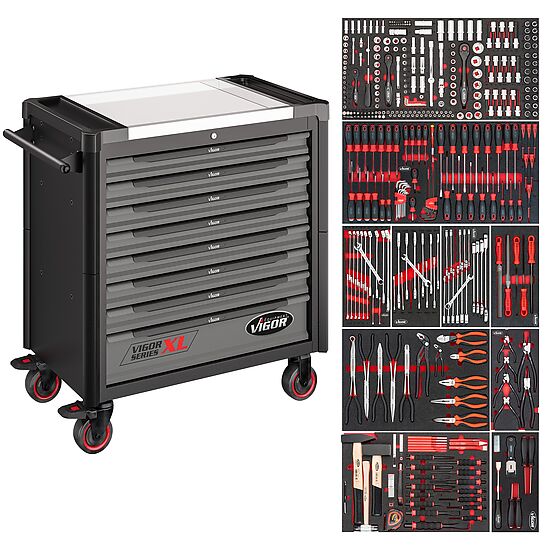 Tool trolley Series XL ∙ stainless steel worktop ∙ with assortment