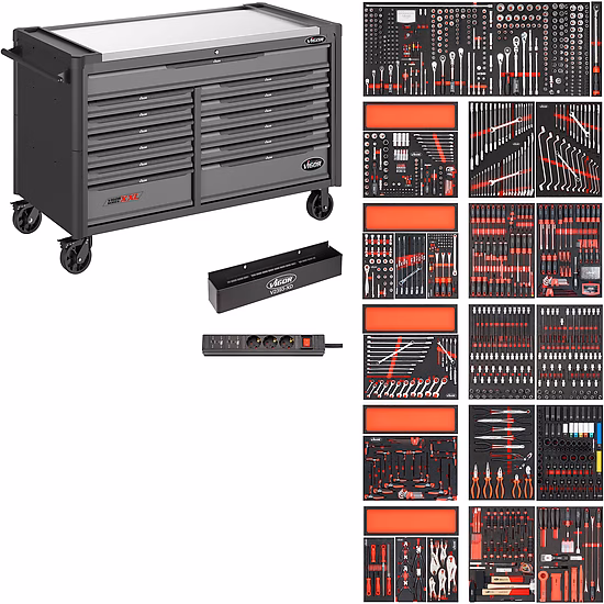 Carro de herramientas de la serie XXL ∙ tablero de trabajo de acero inoxidable ∙ con surtido