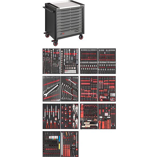 Tool trolley Series XD ∙ extra deep ∙ stainless steel worktop ∙ with assortment
